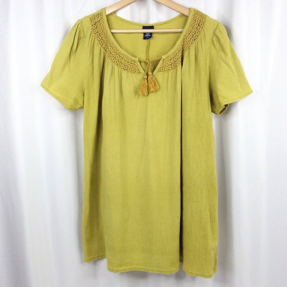 Basic Editions Crinkle Peasant Top Women's Plus‎ Size 2X Chartreuse Green SS